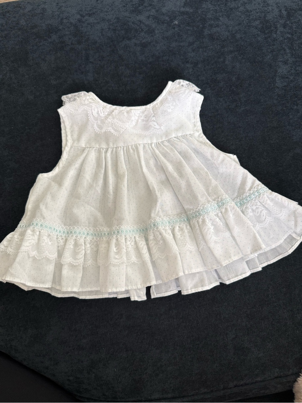 Adorable Vintage White Ruffled Baby Top with Lace Trim 6-9mo
